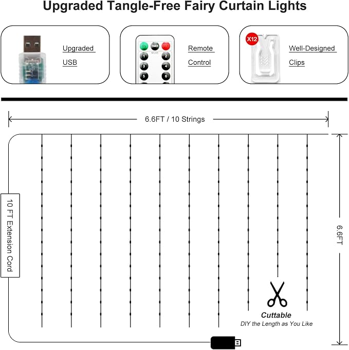 Fairy Curtain Lights Upgraded Tangle-Free Multicolor USB Plug in 8 Modes String Hanging Lights with Remote for Christmas, Bedroom, Indoor, Outdoor, Weddings, Party (6.6FTx6.6FT)