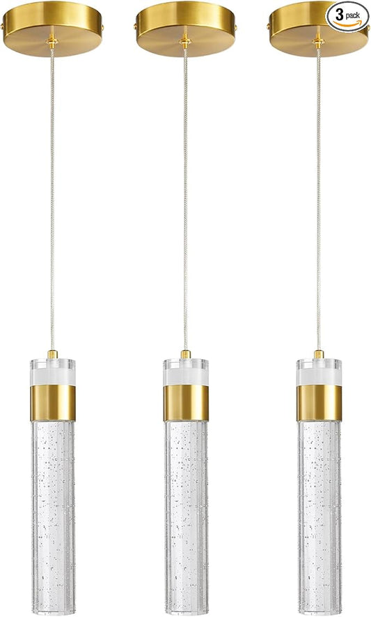 Gold Pendant Lights Kitchen Island 3 Pack Crystal Hanging Pendant Light Fixtures with Crystal Bubble 3000K LED Modern Pendant Ceiling Lighting for Dining Room Restaurant Living Room Bedroom