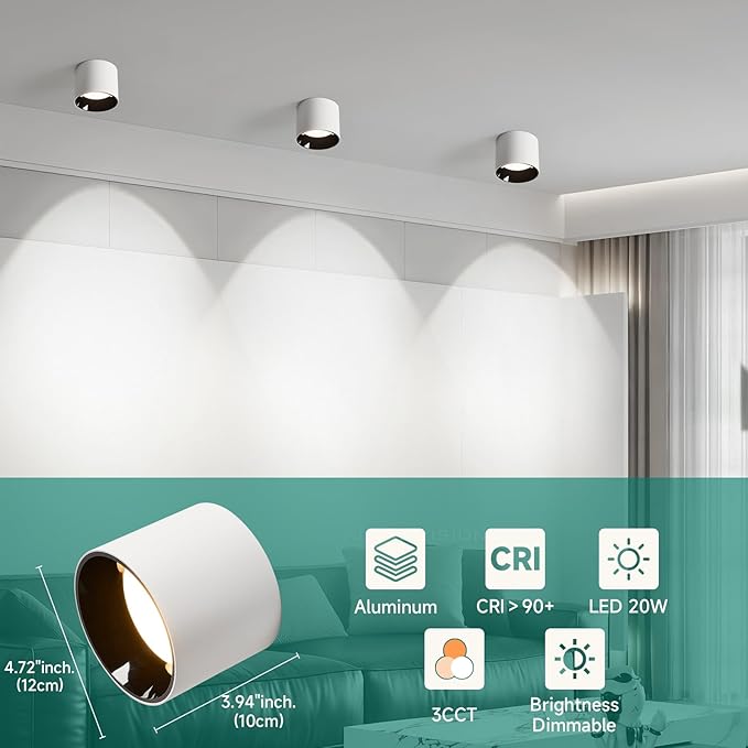 Flush Mount LED Ceiling Light Fixture, 20W Dimmable & 3000K/4000K/6000K Adjustable Ceiling Lights, Modern Close to Ceiling Lamps for Closet Hallway Kitchen Entryway Living Room, 4.7Inch, White, 3 Pack