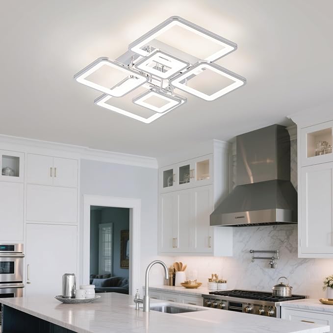 31.5''Dimmable Modern LED Ceiling Light Chrome 6Rings Square Ceiling Lamp 3000K-6500K Flush Mount Ceiling Lightwith Remote for Dining Room, Kitchen, Living Room