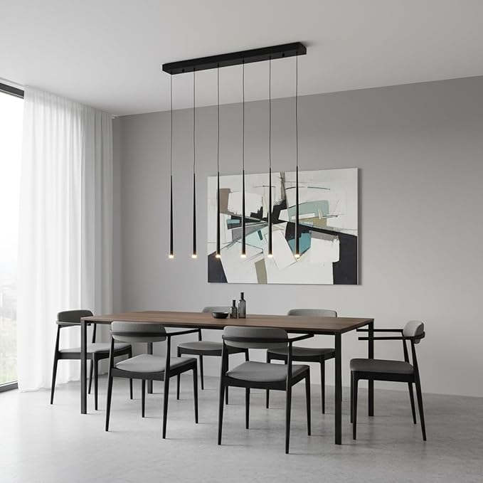 Modern Pendant for Kitchen Island, Linear Chandelier 6 Lights Cluster Bar for Dining Room, Black Warm White Dimmable