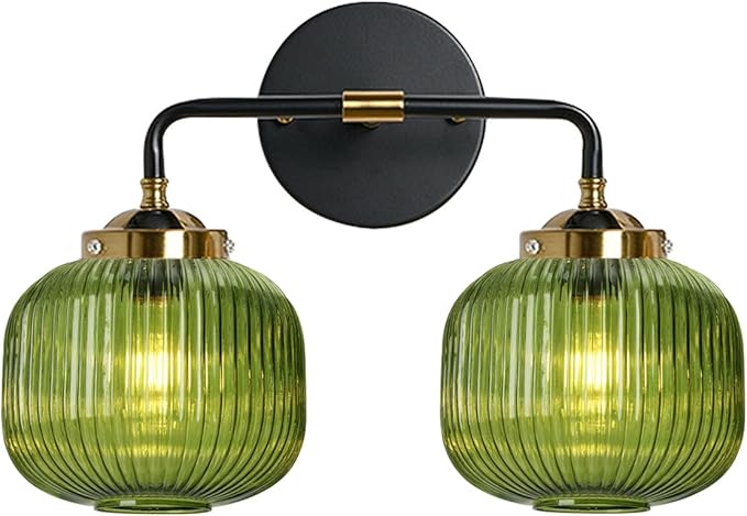 2-Lights Globe Wall Sconce Bathroom Light fixtures Vanity Lamp Mid Century Modern Wall Lights with Green Striped Glass Shade Vintage Vanity Lights for Over Mirror Hallway Overhead