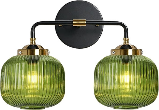 2-Lights Globe Wall Sconce Bathroom Light fixtures Vanity Lamp Mid Century Modern Wall Lights with Green Striped Glass Shade Vintage Vanity Lights for Over Mirror Hallway Overhead