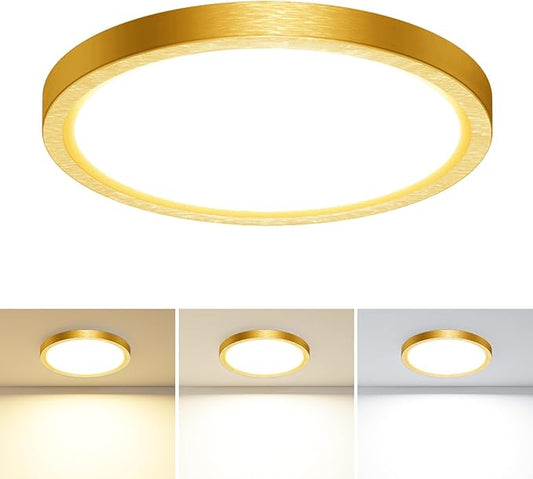 slochi 7.2 Inch LED Flush Mount Ceiling Light Fixture, 3000K-4000K-6500K & 100W Equivalent Modern Kitchen Recessed Ceiling Lamp 15W 1500Lm Closet Round Surface for Bathroom Laundry-Gold-Bronze