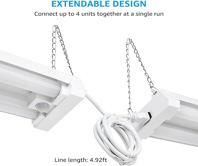 LEONLITE Motion Sensor 4FT LED Utility Shop Light, 40W Plug in Linkable Light Fixtures, for Garage, Workshop, 4000lm, 5000K Daylight, Suspension & Flush Mount, FCC, ETL Certified, Pack of 2