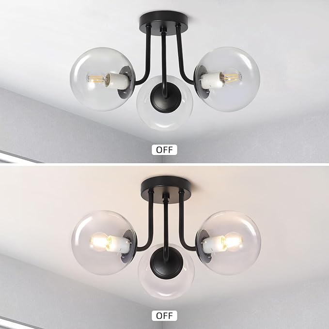 Bektas 3-Lights Semi Flush Mount Ceiling Light Fixture Matte Black Light Fixture Bend Modeling with Transparent Glass Shade for Bedroom,Living Room,Dinning Room Foyer Hallway