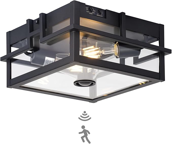 Upgraded Motion Sensor Outdoor Ceiling Light,outdoor flush mount porch light with Adjustable sensor, Dusk to Dawn 2-Light Outdoor Light Fixture Ceiling Mount with Clear Glass for Porch Garage Patio