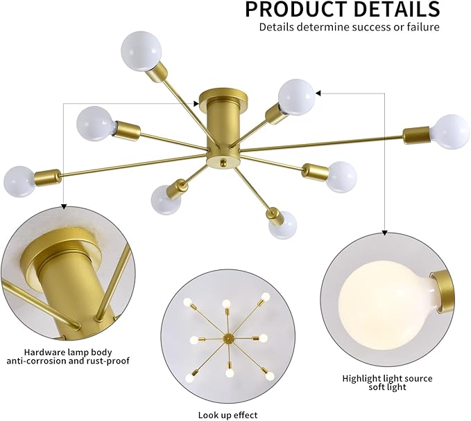 Garwarm 8-Light Sputnik Ceiling Light Modern Semi Flush Mount Ceiling Light Mid Century Gold Chandelier Pendant Lighting for Kitchen Dining Room Bedroom