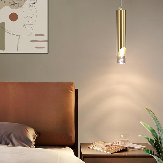 2 Pack Modern Gold Pendant Light Fixture, Acrylic Bubble Cylinder Hanging Lights, 3 Color Temperatures, Minimalist Ceiling Chandelier Lighting for Dining Room, Bedroom, Hallway, Bar, Kitchen Island