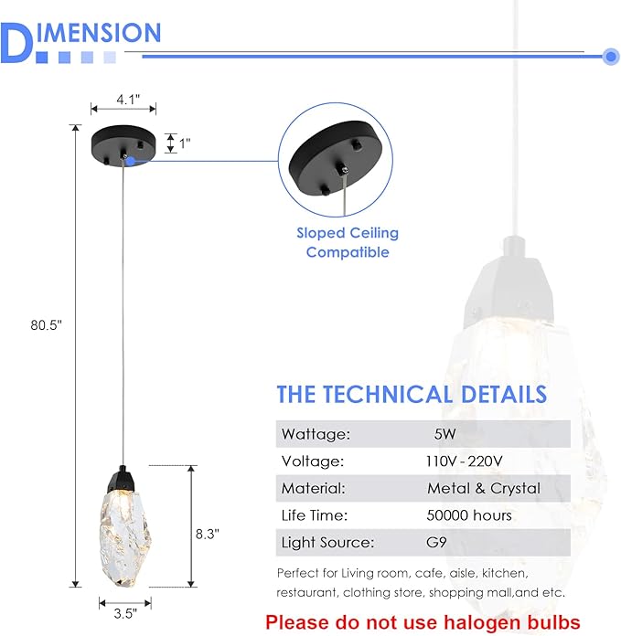 Black Crystal Pendant Light with Prism Crystals and LED Enhance Kitchen Island, Bathroom, Bedroom, and Bar Ambiance