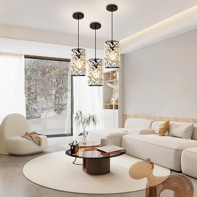 Black Pendant Lights Kitchen Island, Mini Crystal Modern Kitchen Pendant Lighting Over Sink with 10.2" Clear Glass Shade Chandeliers, Adjustable Pendant Light Fixture for Dinning Room Bedroom Entryway