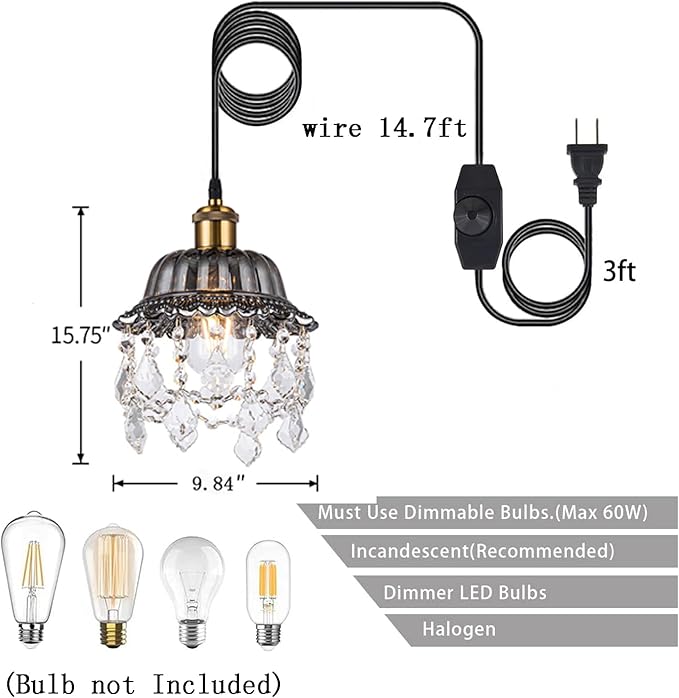 Hanging Light Grey Glass Swag Light with 14.7 Ft Plug-in Cord and On/Off Dimmer Switch, Modern Crystal Chandelier Plug in Pendant Light for Bedroom Kitchen Sink, 9.84 inches, 1-Pack