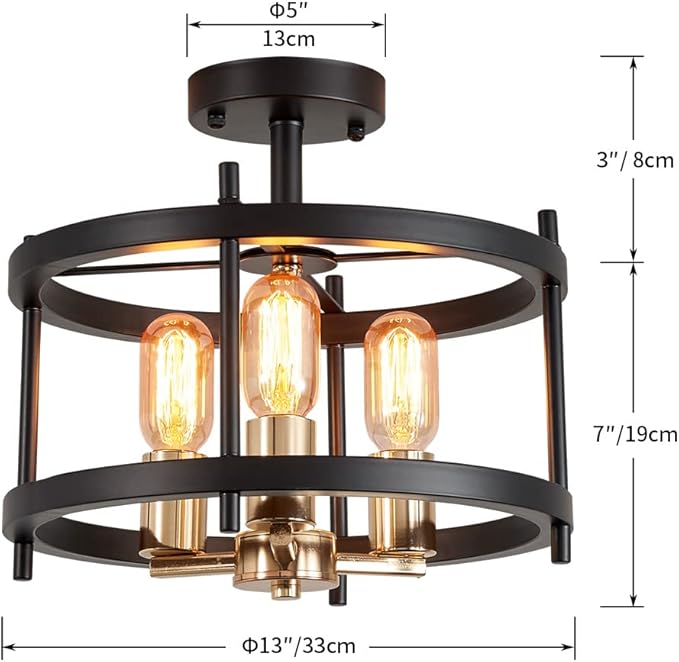 AGV LIGHTING Semi Flush Mount Ceiling Light Fixture, 3-Light Farmhouse Light Fixture Ceiling Mount, Black & Gold Finish