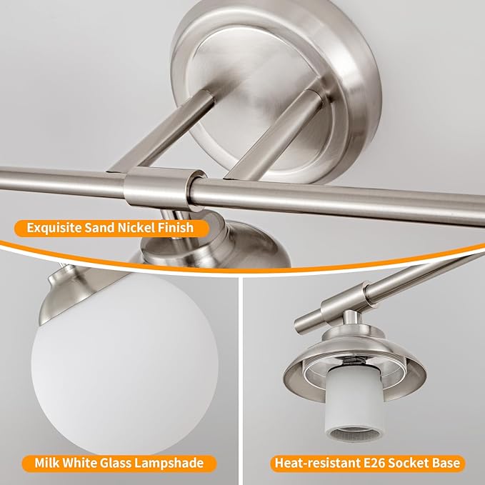 Rayogale Bathroom Light Fixtures, 2-Light Nickel Vanity Lights Over Mirror with White Glass Shade, 15 Inch Bathroom Wall Sconces for Bedroom Living Room (Bulbs Not Included)