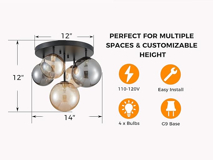AGV LIGHTING Flush Mount Ceiling Light Fixture, Modern Bubble Glass Ceiling Light with Black Metal Frame, 5-Light G9 Base Black Ceiling Lamp for Bedroom Living Room Kitchen Dining Room