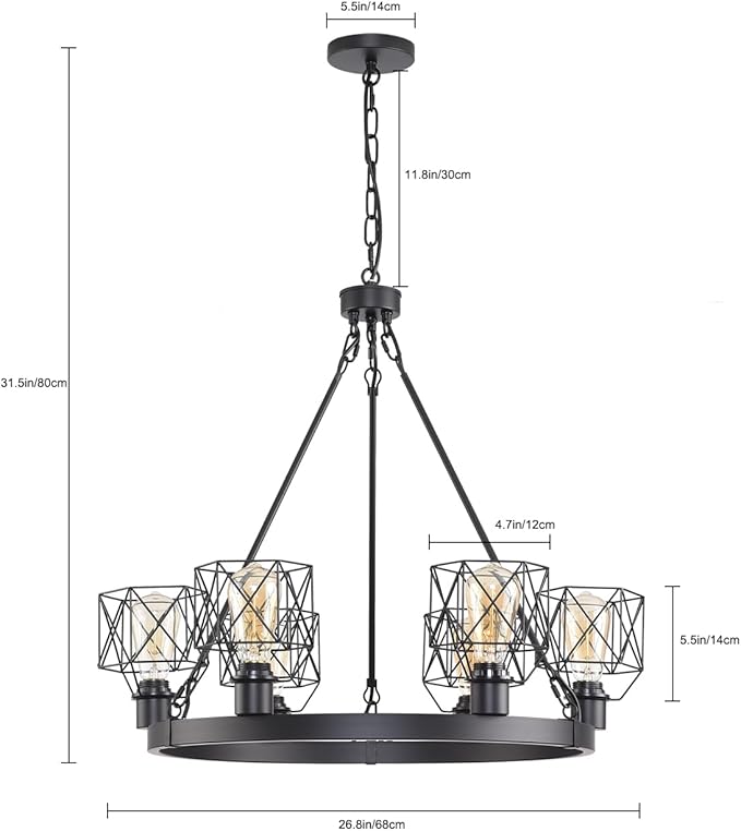 Wagon Wheel Chandelier Modern Farmhouse Pendant Light,Black Farmhouse Chandelier, 6-Light Wagon Wheel Chandelier with Adjustable Height, Dining Room Light Fixture, Hanging Lights
