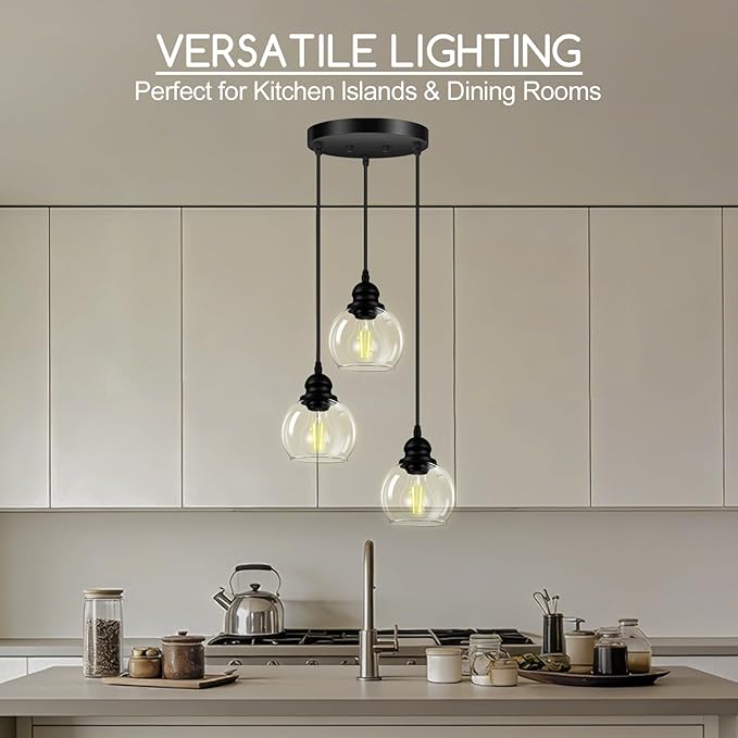 3-Light Pendant Light, Hanging Ceiling Lamp with Clear Glass Shade, Matte Black Pendant Lighting Adjustable Height Industrial Retro Style Hanging Light, for Kitchen Island Bedroom(E26 Base,No Bulb)