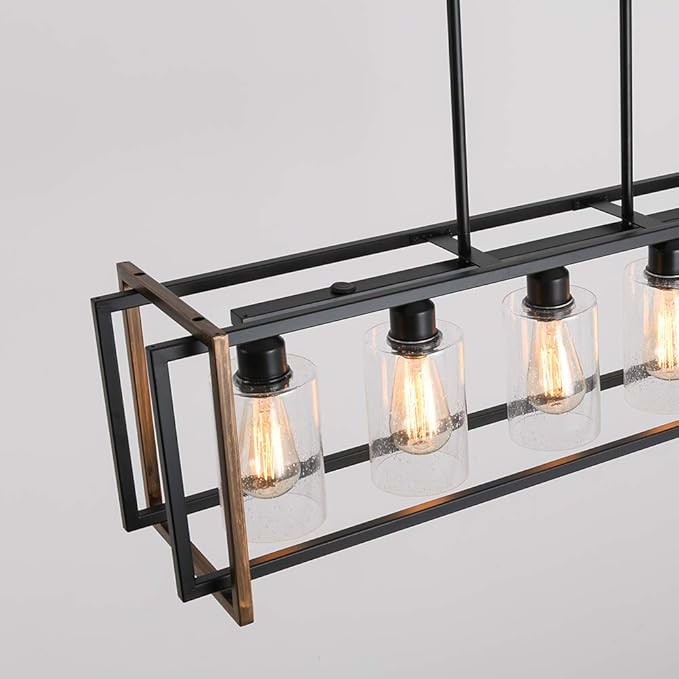 5-Light Black and Bronze Kitchen Island Lighting, Farmhouse Dining Room Light Fixtures Over Table, Linear Chandelier for Dining Room, Pool Table Pendant Light with Seeded Glass Shade