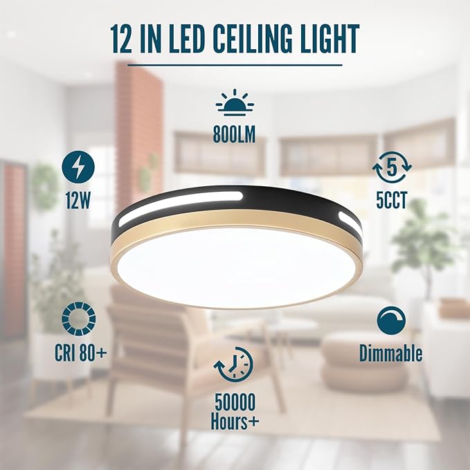LED Ceiling Light Flush Mount Black and Gold,24W Kitchen Light Fixture Ceiling Mount 2 Pack,12 inch Close to Ceiling Light Fixture 5CCT for Bedroom,Bathroom,Living Room