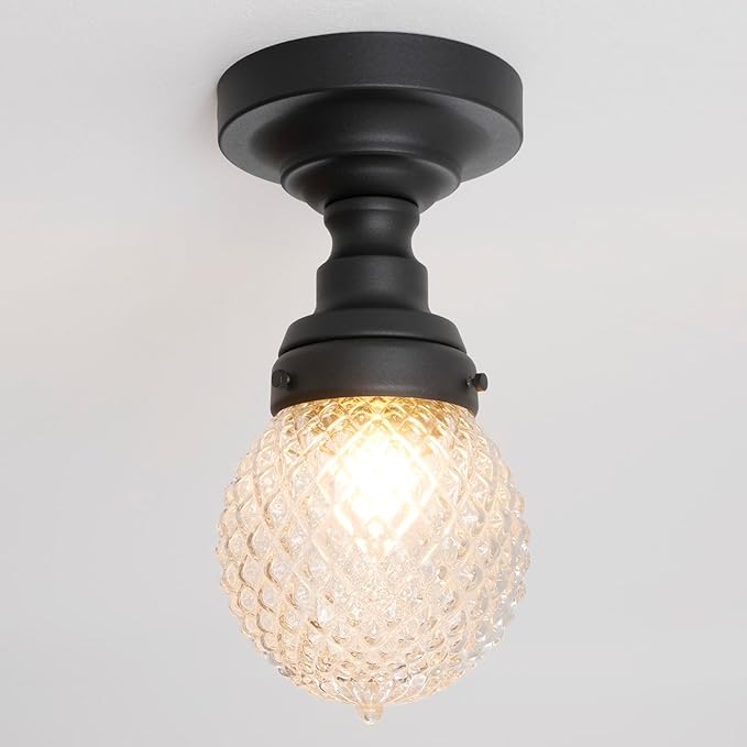 Schoolhouse Semi Flush Mount Ceiling Light,Black Close to Ceiling Light Fixtures with Hand-Blown Glass Shade Modern Hallway Ceiling Lamp for Laundry Entryway Kitchen Bathroom E26