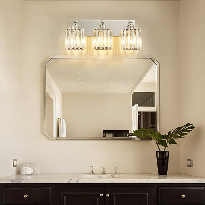 Modern Bathroom Vanity Light 3-Lights Modern Chrome Crystal Bathroom Light Fixtures Over Mirror Chrome Vanity Lighting Crystal Wall Sconce