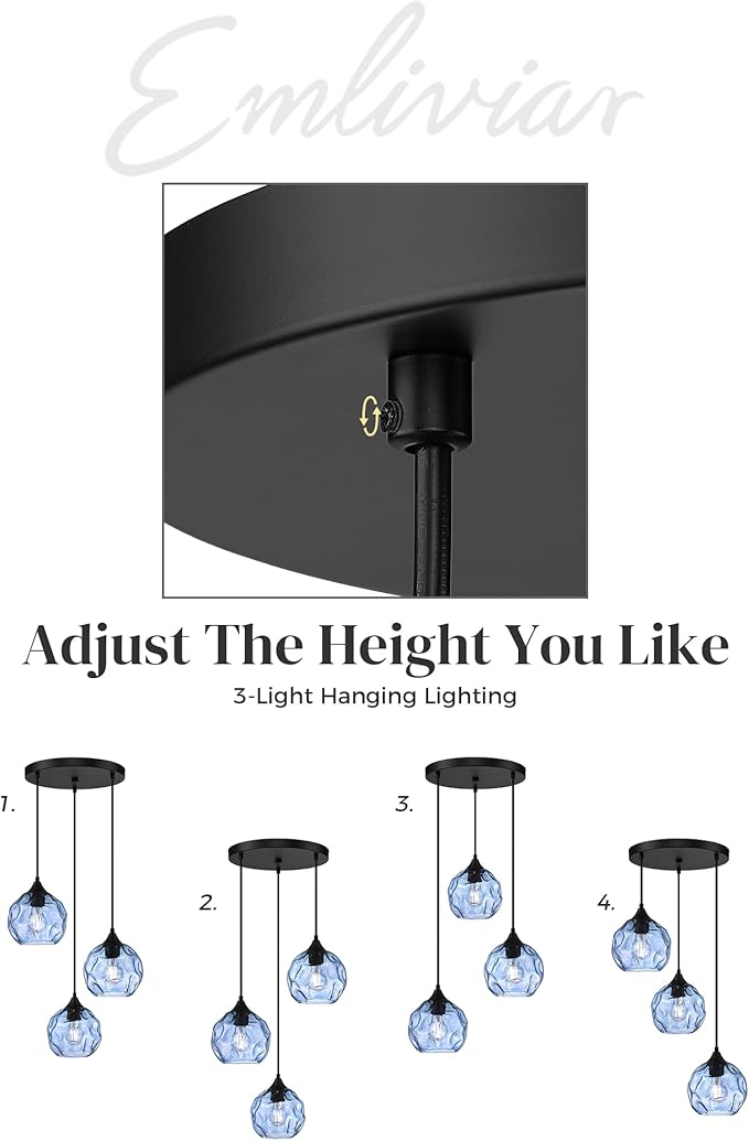 Emliviar 3-Light Globe Hanging Lights, Foyer Chandeliers with Hammered Glass Shade, Cluster Hanging Lights in Blue Finish, DYE287G1-3 BK