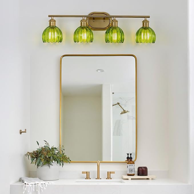 Gold Bathroom Light Fixtures, 4-Light Vanity Lights for Bathroom with Ribbed Green Tulip Glass Shade, Brass Wall Scone Lighting Over Mirror for Farmhouse,Bedroom,Living Room,Hallway