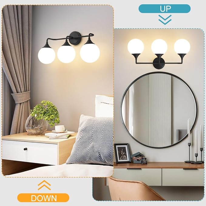 Black Bathroom Light Fixtures, Modern Vanity Lighting Over Mirror, Mid Century Modern Matte Black Wall Sconce 3-Light with Milky White Glass Ball Shades
