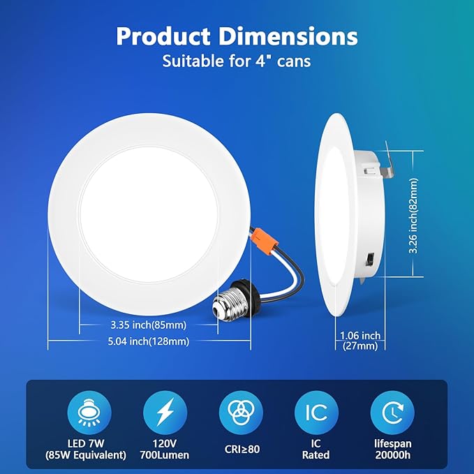 LVWIT 4 Inch LED Recessed Light, Recessed Can Lights Color Selectable 2700/3000/4000/5000/6000K 5CCT, 7W 700LM, Dimmable LED Can Lights with E26 Conversion Kit,Suitable for 4inch Can,48 Pack