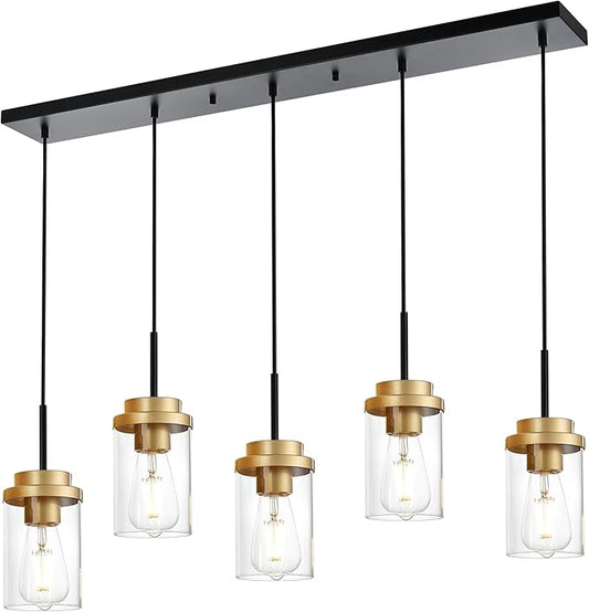 MELUCEE 5-Lights Adjustable Hanging Pendant Light Fixtures 37 Inches in Black, Modern Kitchen Island Lighting Linear Chandelier for Dining Room Over Table with Clear Glass Shade, Gold Socket