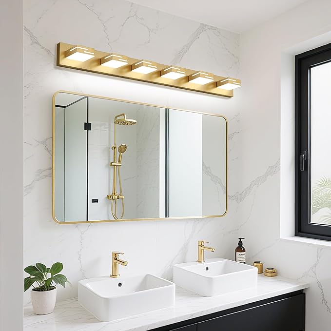 LED Modern Bathroom Vanity Light Fixtures, 6-Light 40-inch Dimmable Gold Vanity Lights for Bathroom Lighting Fixtures Over Mirror, with 360° Rotatable Heads (Cool White 6000K)