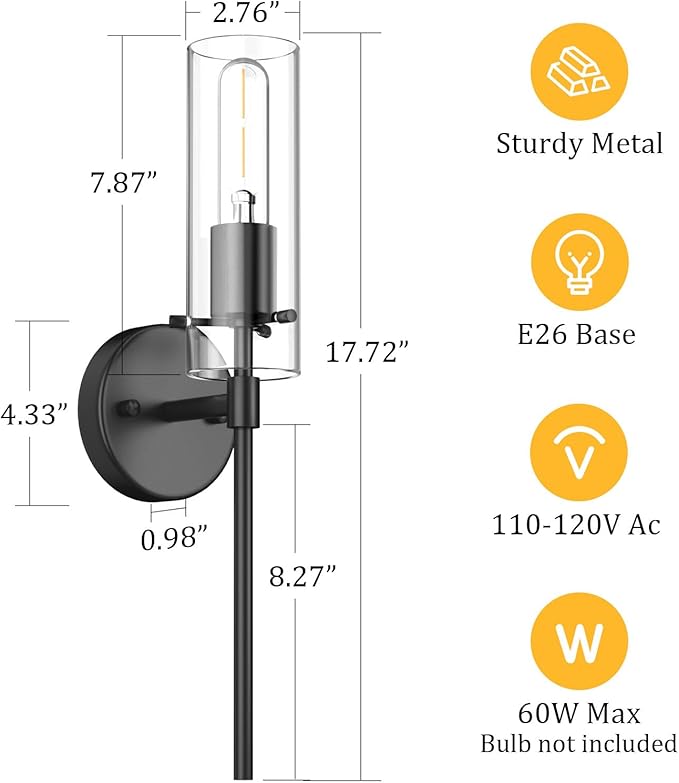 Wall Sconce Set of 2 Black Wall Light, Bathroom Vanity Light Fixture Modern Indoor Wall Light with Clear Glass Shade for Bathroom Bedroom Living Room Hallway Vanity