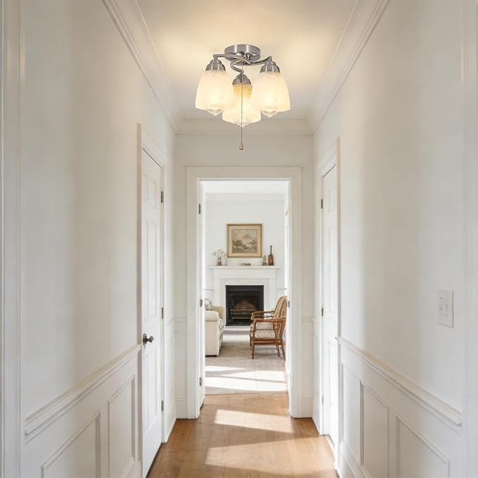 3-Light Flush Mount Ceiling Light with Pull Chain, Modern Nickel Lighting Fixtures with Alabaster Glass for Kitchen Island Dining Room Bedroom Farmhouse Foyer Hallway