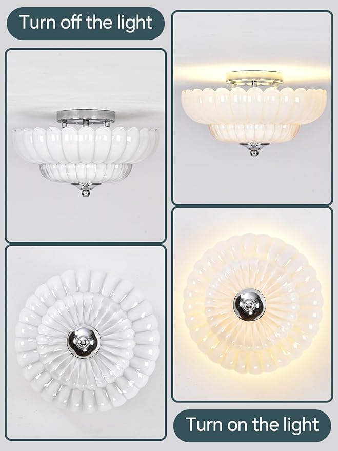 Modern White Ceiling Light Fixture, 12" White Glass Flush Mount Chandeliers, Semi Flush Mount Ceiling Light Fixture Suitable for Living Room Hallway Kitchen Bedroom