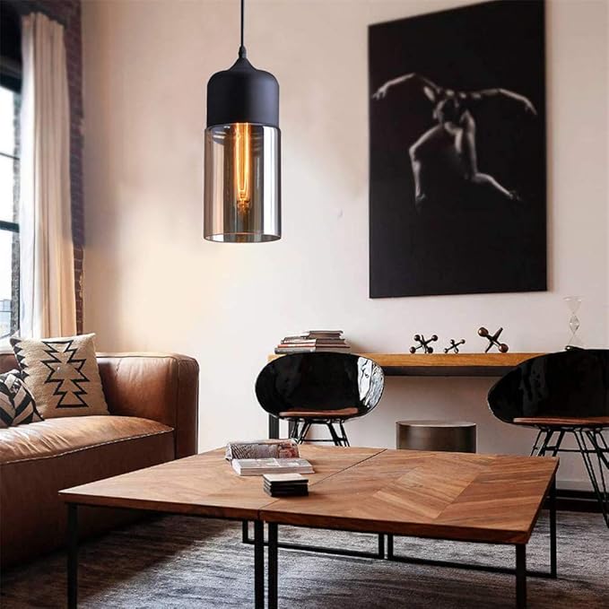 Glass Pendant Light, Black Modern Hanging Lamp with Amber Cylinder Shade, Vintage Industrial Farmhouse Pendant Lighting Fixture for Kitchen Island Dining Room Hallway