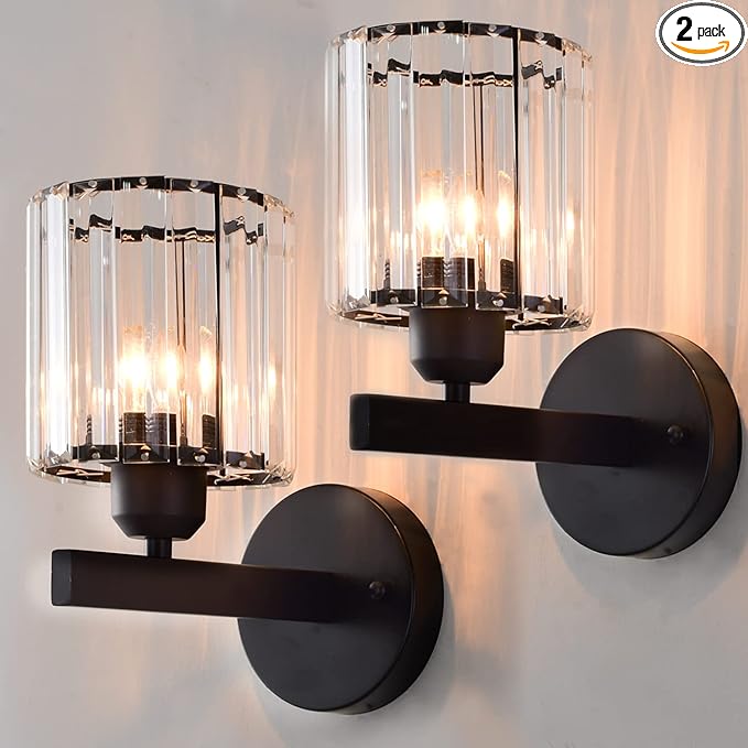 TISLYCO Black Wall Sconces Set of 2, Bathroom Wall Lighting Fixtures Over Mirror, Vanity Light, Modern Glass Shade Wall Lamp Black Indoor Decor for Bedroom Living Room Entryway