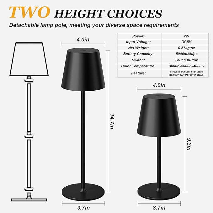 Kakanuo Cordless Table Lamp Rechargeable Black - KK 2 Pack 5000mAH Battery Operated Lamp for Counter, 3 Color Stepless Dimming Wireless Lamp for Dining Kitchen, Outdoor Patio, Touch Control