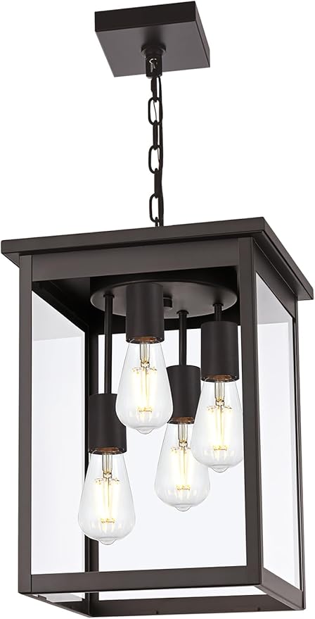 Yaohong 4-Lights Outdoor Pendant Light Fixture with Clear Glass, Oil Rubbed Bronze Farmhouse Exterior Ceiling Hanging Light Fixture with Adjustable Chain, Outdoor Hanging Lantern for Porch Entrance