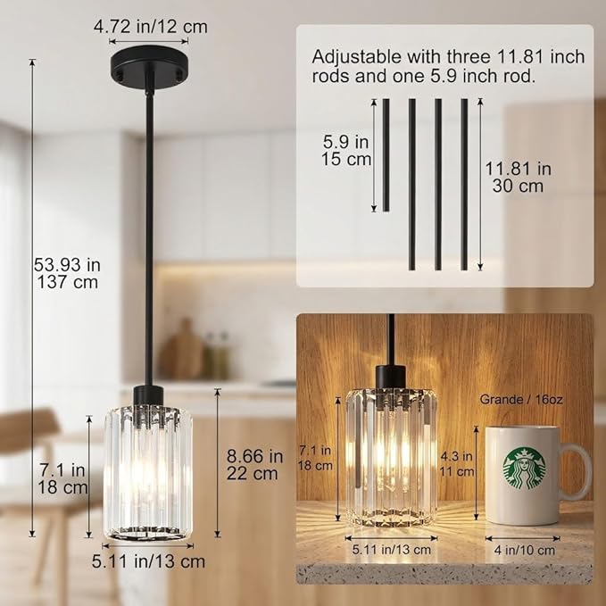 Crystal Pendant Lights Kitchen Island, 3 Pack Black Kitchen Pendant Lighting Over Island, 1-Light Mini Modern Hanging Lights for Kitchen Island, Dining Room, Hallway, Foyer, Entryways