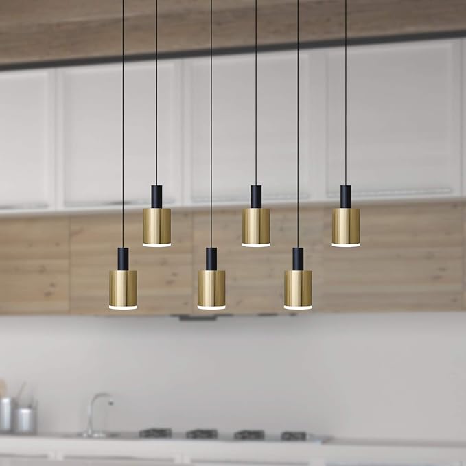 Virgo 6 Mini Pendant Lighting Black-Brass - LED Hanging Light Fixture for Kitchen Island, Bar, Foyer - Cluster Pendants - Dimmable, Adjustable Wire, Lamp Bulb Included