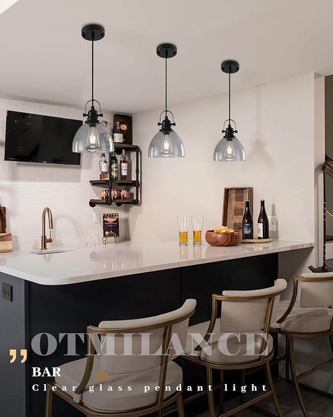 Smoke Gray Glass Pendant Lights Kitchen Island, 7.5 “Industrial Glass Pendant Lights 1-Pack, Modern Clear Kitchen Island Lighting, Light Pendants for Kitchen Island, Living Room, Bathroom