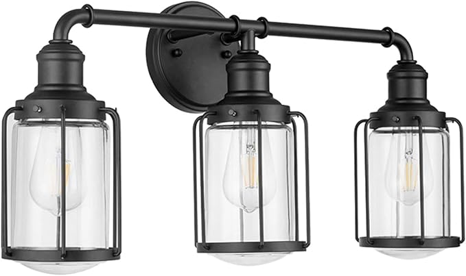 Prominence Home Lincoln Woods 3 Light Matte Black Industrial Bathroom Vanity Light with Cage and Clear Glass - 51545-01