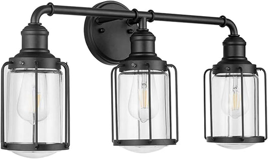 Prominence Home Lincoln Woods 3 Light Matte Black Industrial Bathroom Vanity Light with Cage and Clear Glass - 51545-01
