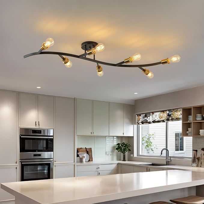 Modern Semi Flush Mount Ceiling Light Fixture for Kitchen Island,Black and Gold 7-Lights Sputnik Chandelier for Living Room,Bedroom,Office(Bulbs Not Included)