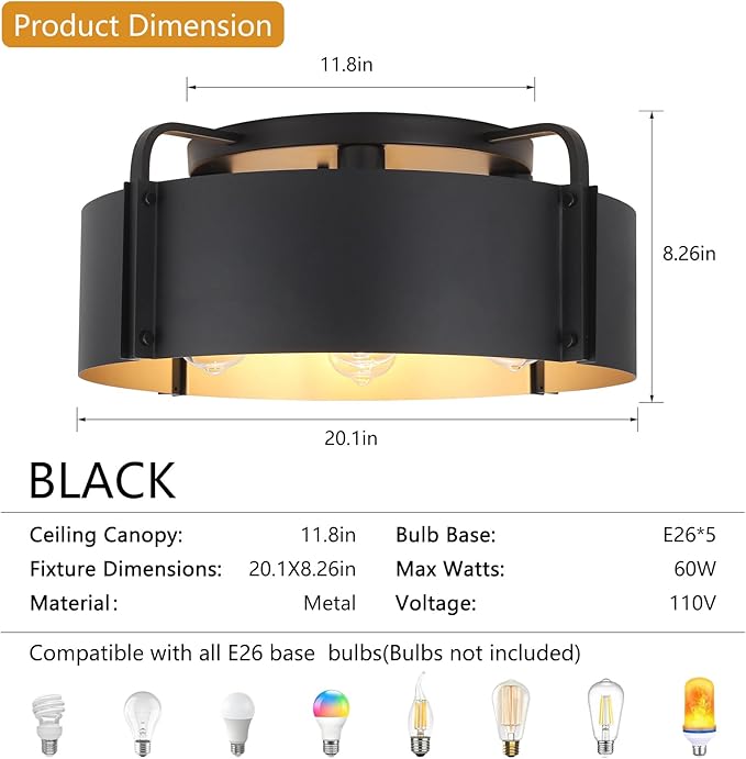 Flush Mount Ceiling Light, 5-Light Large Industrial Ceiling Light Fixture Matte Black with Gold Inside Close to Ceiling Lights for Living Room Kitchen Island,E26 Base (Not Included Bulb)