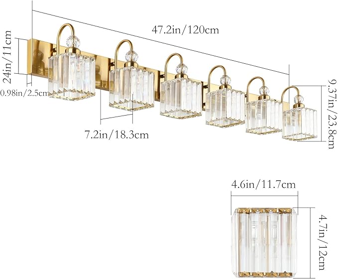 Ralbay Modern Gold Vanity Lights - 6-Light Gold Crystal Bathroom Vanity Lights Over Long Mirror