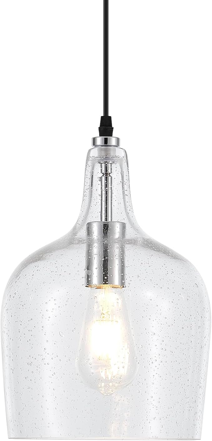 9” Chrome Seeded Glass Pendant Light Modern 1 Light Single Dome Pendent Lighting Fixtures for Kitchen Island Dining Room Hallway, UL Listed