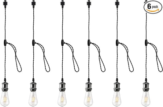 H Track Pendant Lights with Adjustable Cord, H Type Track Lighting Pendants Lights Fixtures with E26 Socket, Retro Vintage Style, Max Length 39.37 inch, Black 6 Pack(Bulbs Not Included)
