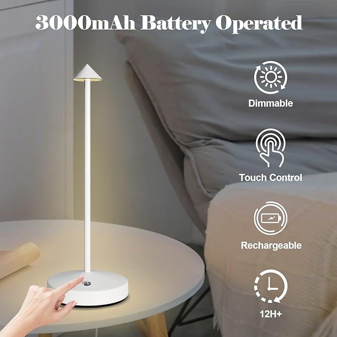 Rechargeable Cordless Lamps,3000mAh Battery Operated Table Lamp,Portable LED Touch 2 Levels Brightness Dimmable Bar Lamp,Battery Powered Lamps for Bars,Restaurant,Living Room(2 Pack,White)