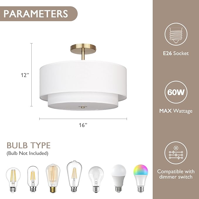 16" Dual Drum Gold 3-Light Semi Flush Mount Ceiling Light, Classic White Fabric Linen Shade Design for Living Room, Bedroom, Kitchen, Dining Room, Hallway and Entryway